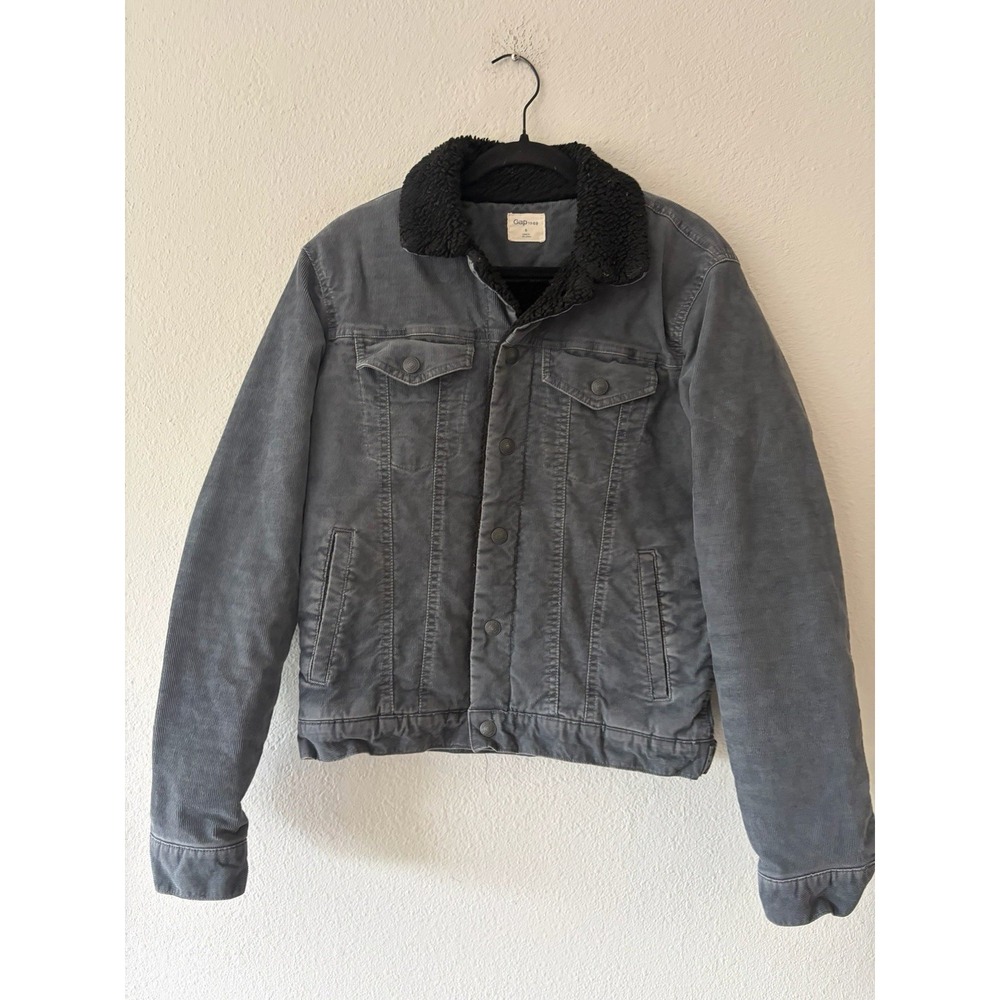 GAP Icon Trucker Jacket Men's Small Gray Corduroy Sherpa Fleece Lined Stretch